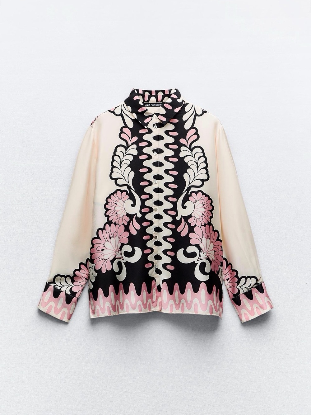 Zara Cream, Black & Pink Floral-Print Button-Down Blouse